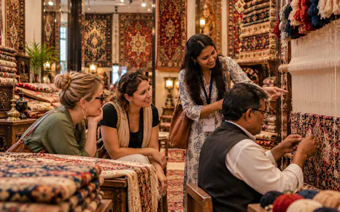 Artisan demonstrating carpet weaving to tourists in Agra workshop.