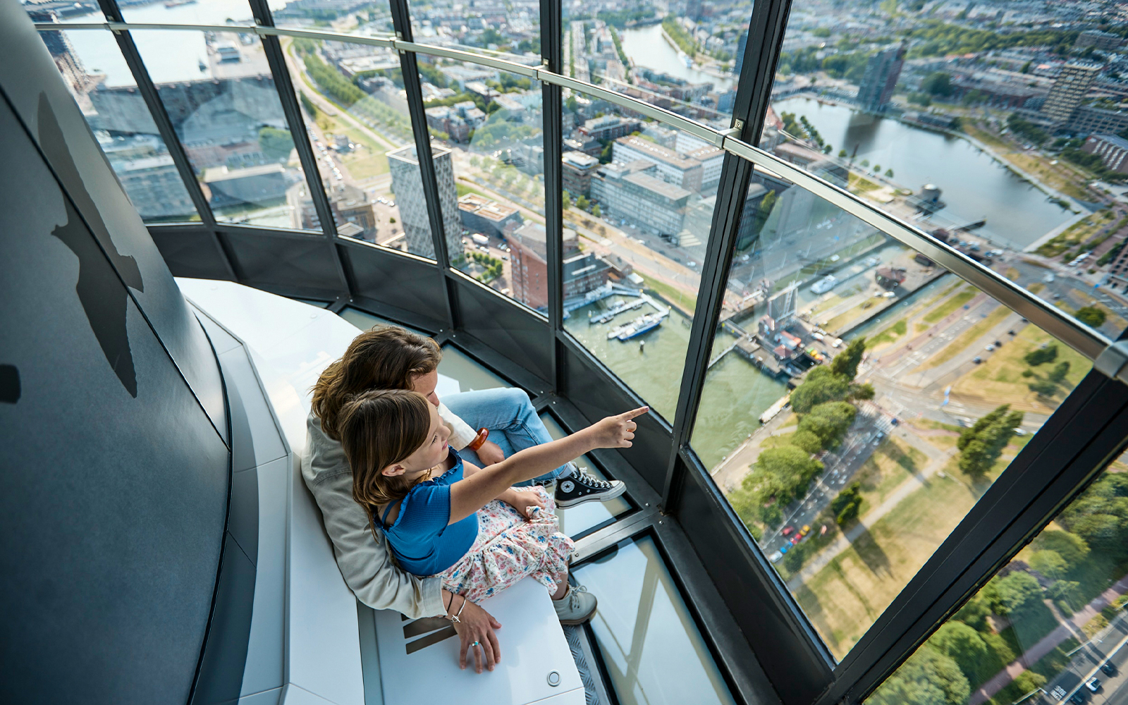 Guests enjoying panoramic views from the Euroscoop in Rotterdam.