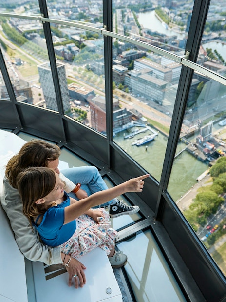 Guests enjoying panoramic views from the Euroscoop in Rotterdam.