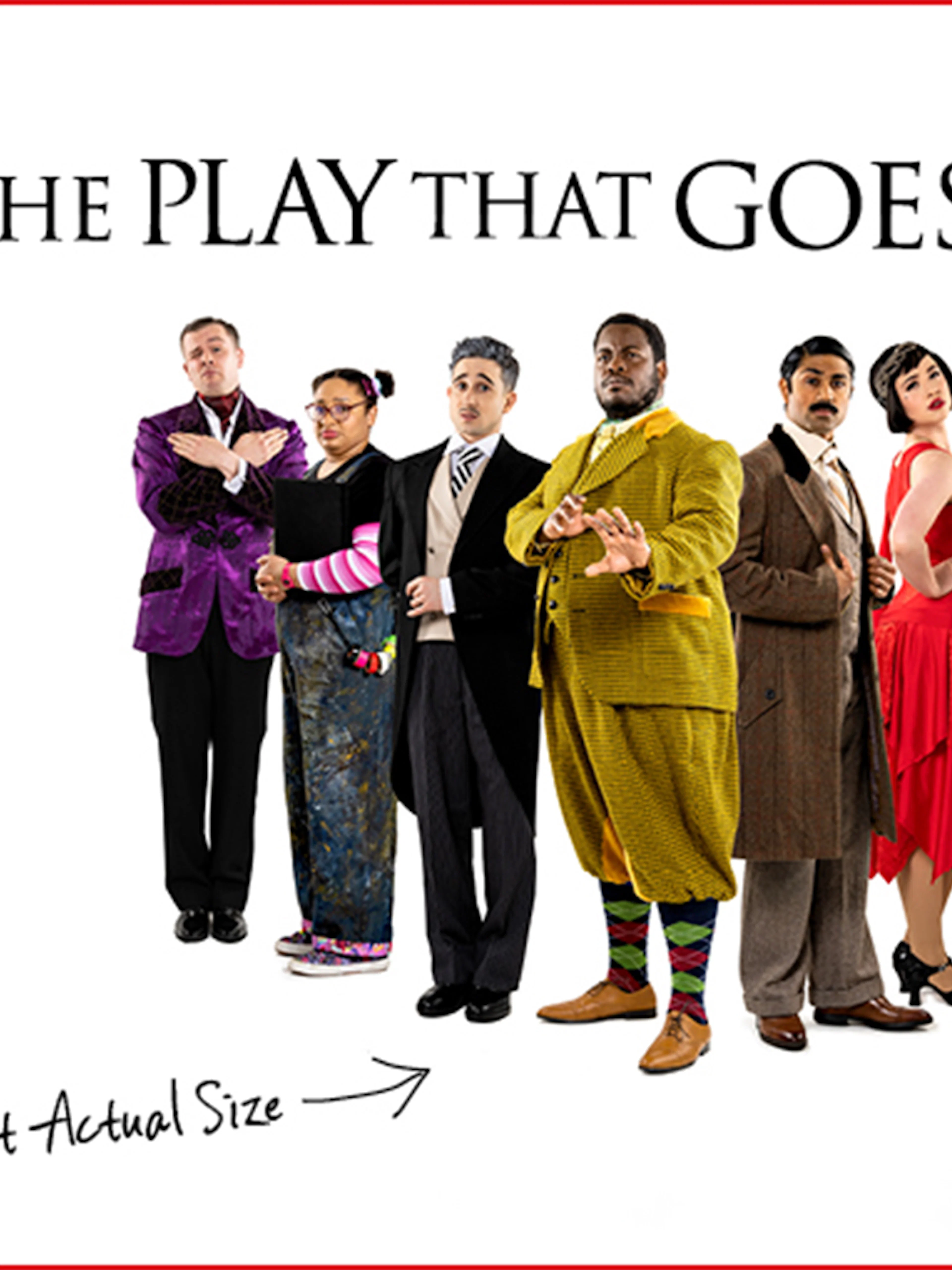 Cast of "The Play That Goes Wrong" in various costumes standing in a line.