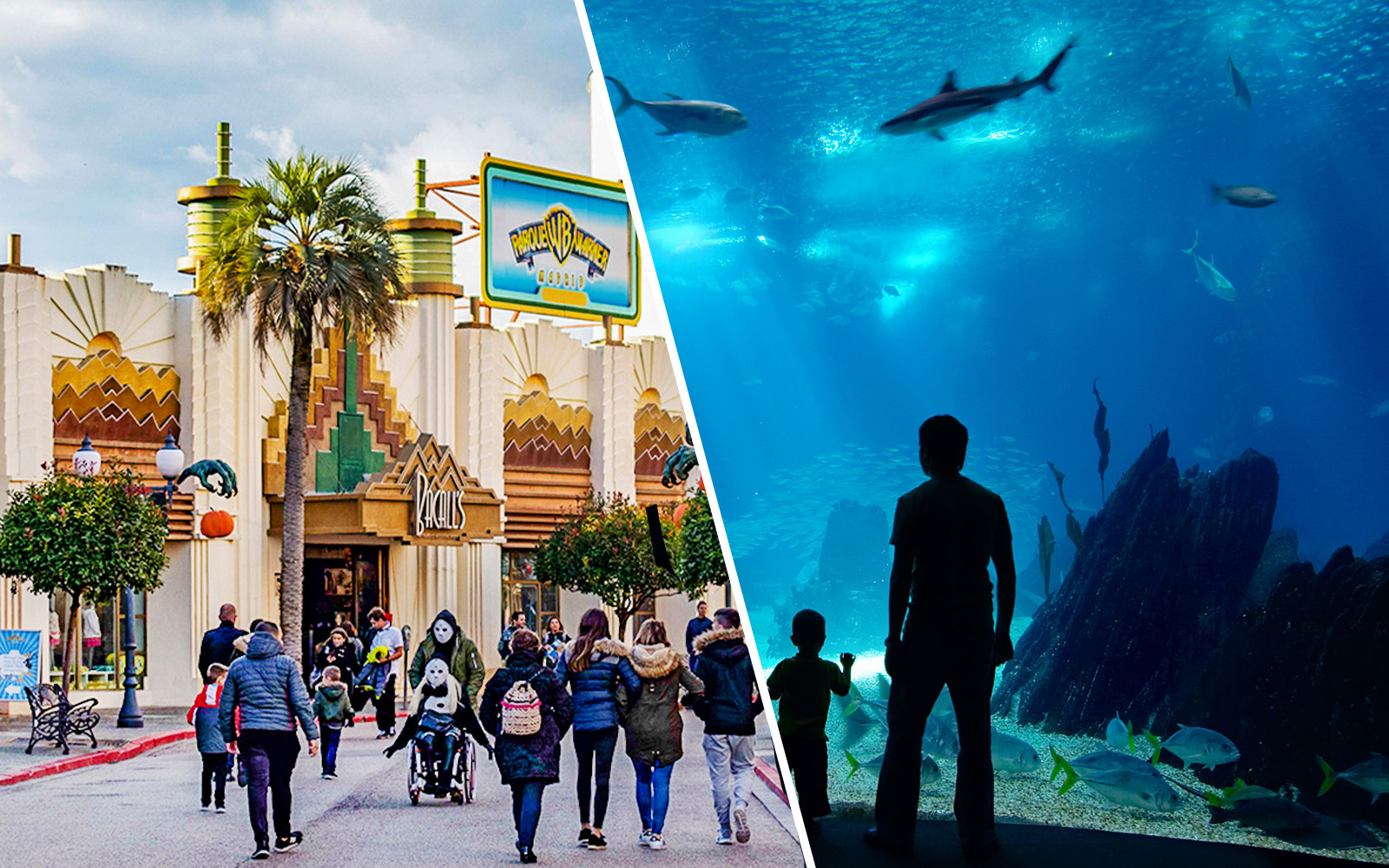 Parque Warner entrance with cartoon character statues, Madrid, combined with Zoo Aquarium Madrid tour.