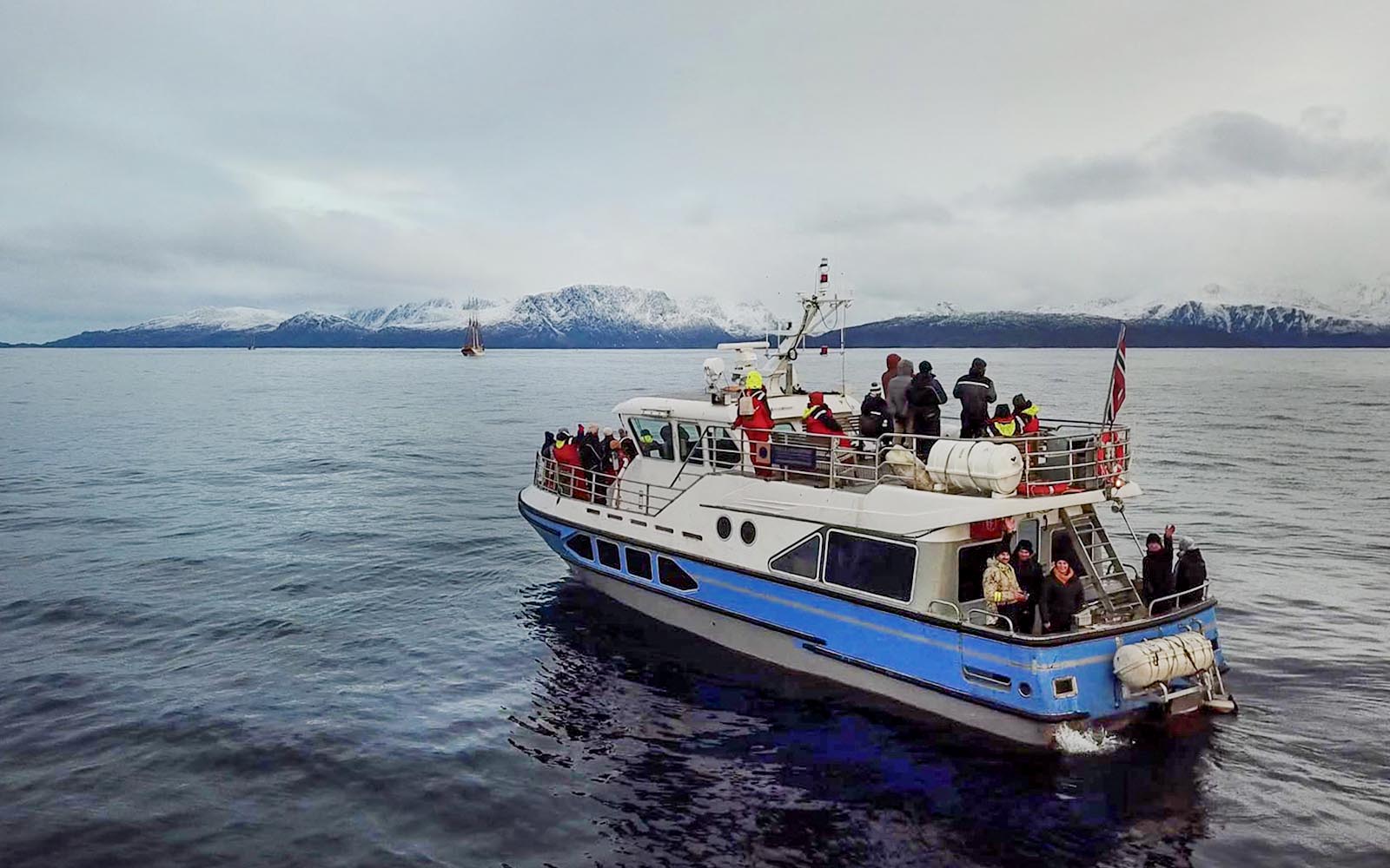 Cruise ship with tourists on a whale watching tour in icy waters with snowy mountains.