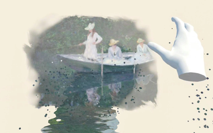 Virtual reality hand interacting with a painting of people in a boat at Orsay Museum.