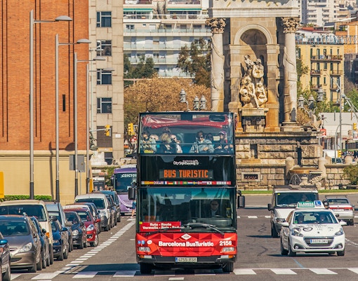 Barcelona City Hop On Hop Off Tour bus near Sagrada Familia.