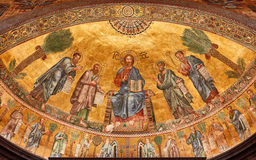 Mosaic of Christ with apostles at St Paul Cathedral, featuring intricate gold background.