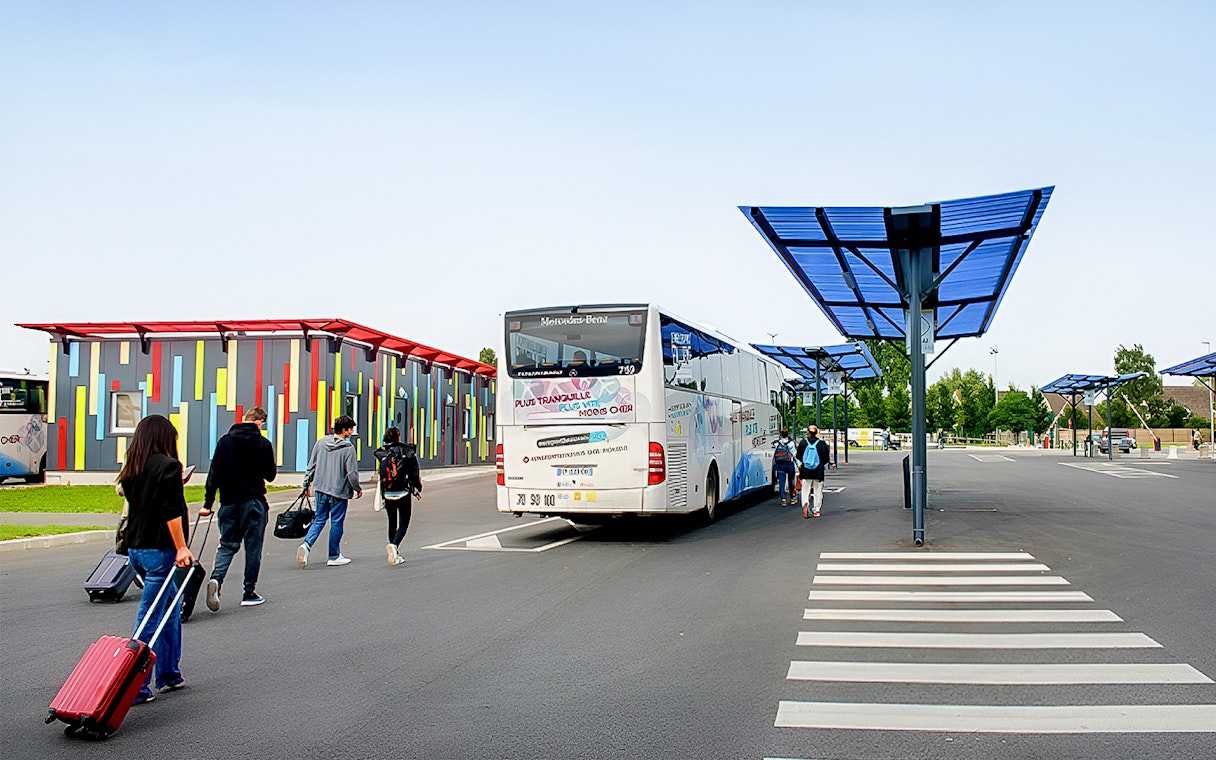 Passengers boarding Aerobus at Beauvais Airport for Paris Saint-Denis University.