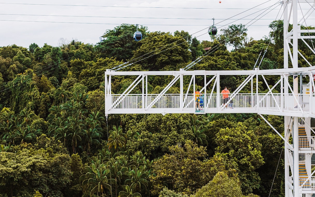 Dive platform at Skypark Sentosa by AJ Hackett with lush greenery and cable cars in the background.