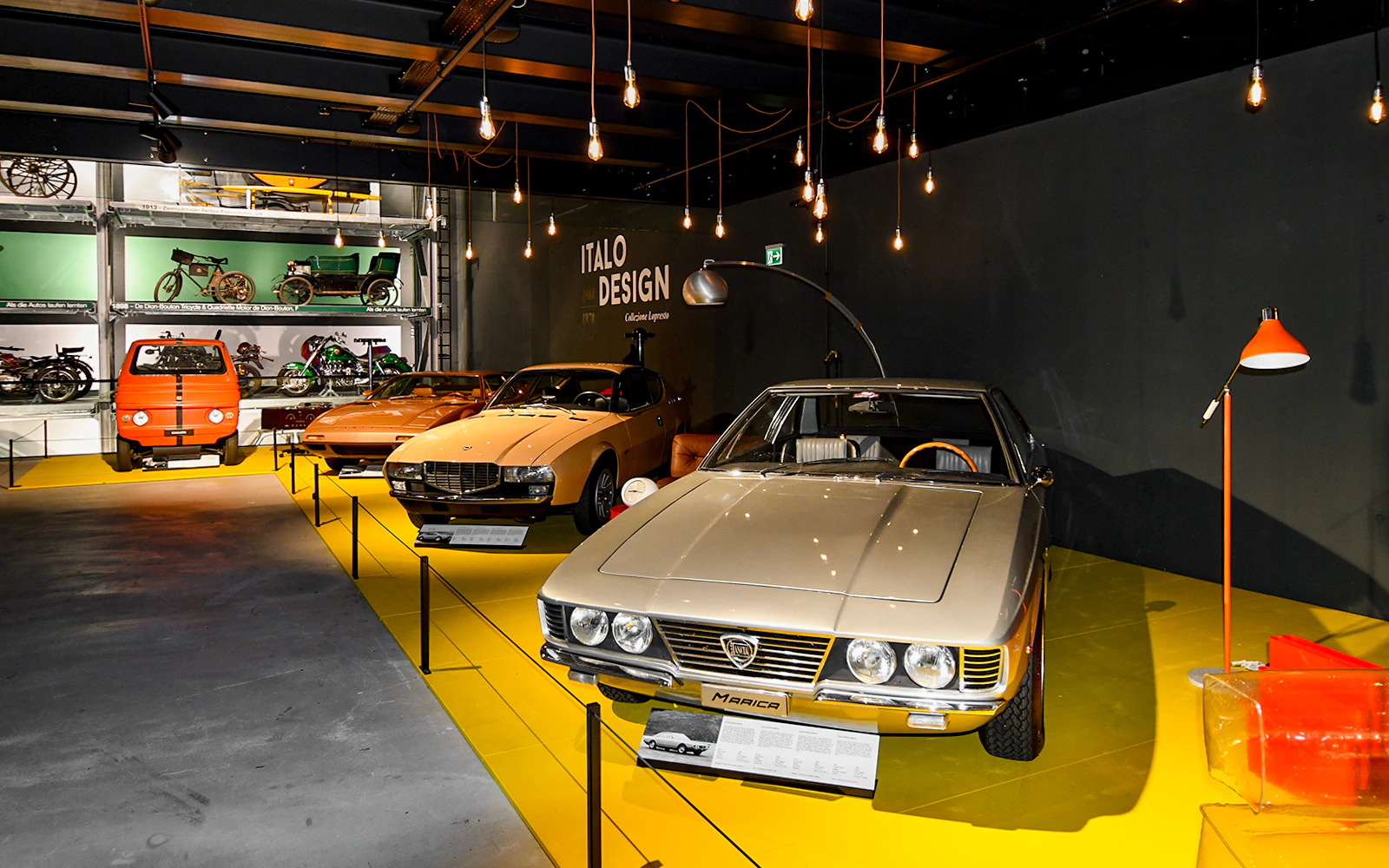 Vintage cars displayed at Swiss Museum of Transport's Italo Design exhibit.