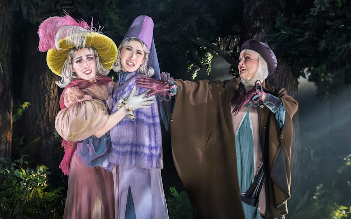 Actors in colorful costumes performing in "Into The Woods" production.