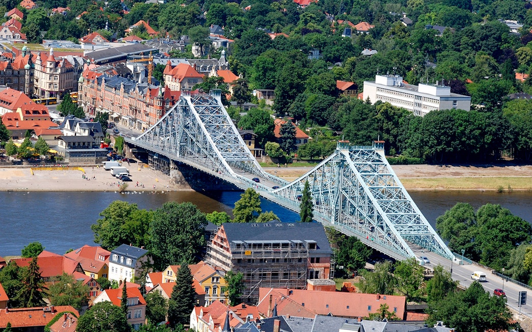 Aerial view of the Blue Wonder bridge over the Elbe River in Dresden.