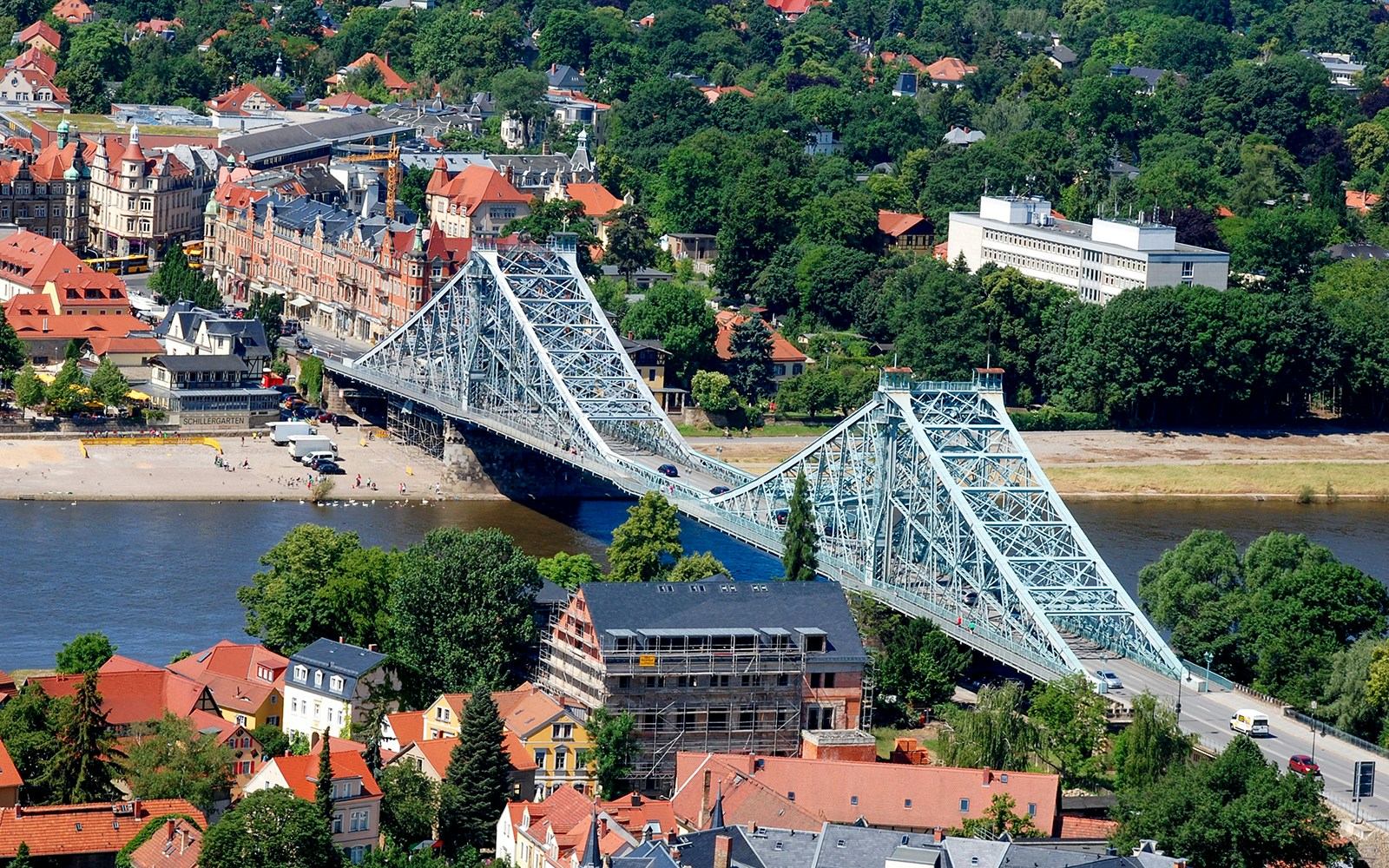 Aerial view of the Blue Wonder bridge over the Elbe River in Dresden.
