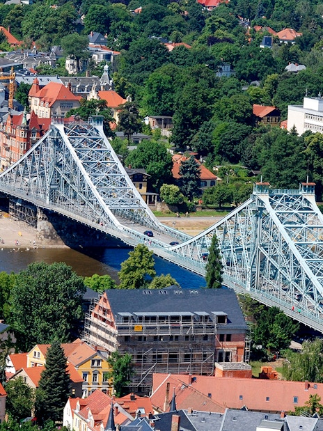 Aerial view of the Blue Wonder bridge over the Elbe River in Dresden.