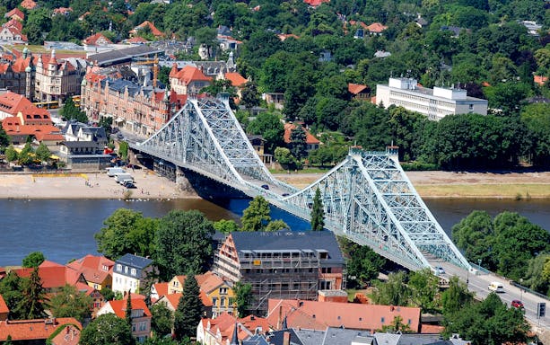 Aerial view of the Blue Wonder bridge over the Elbe River in Dresden.