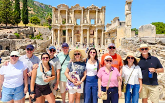 Tour group at Celsus Library, Ephesus, during Kusadasi port excursion.