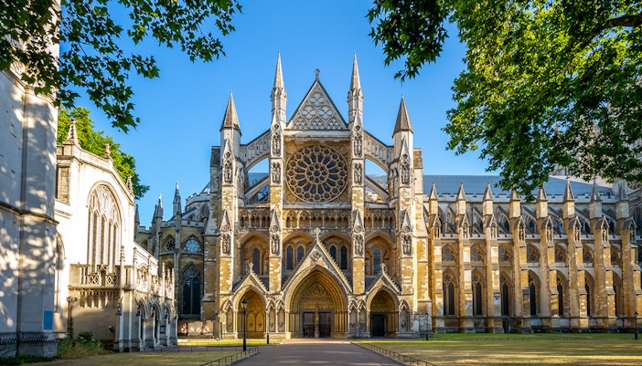 Westminster Abbey facade with intricate Gothic architecture in London.