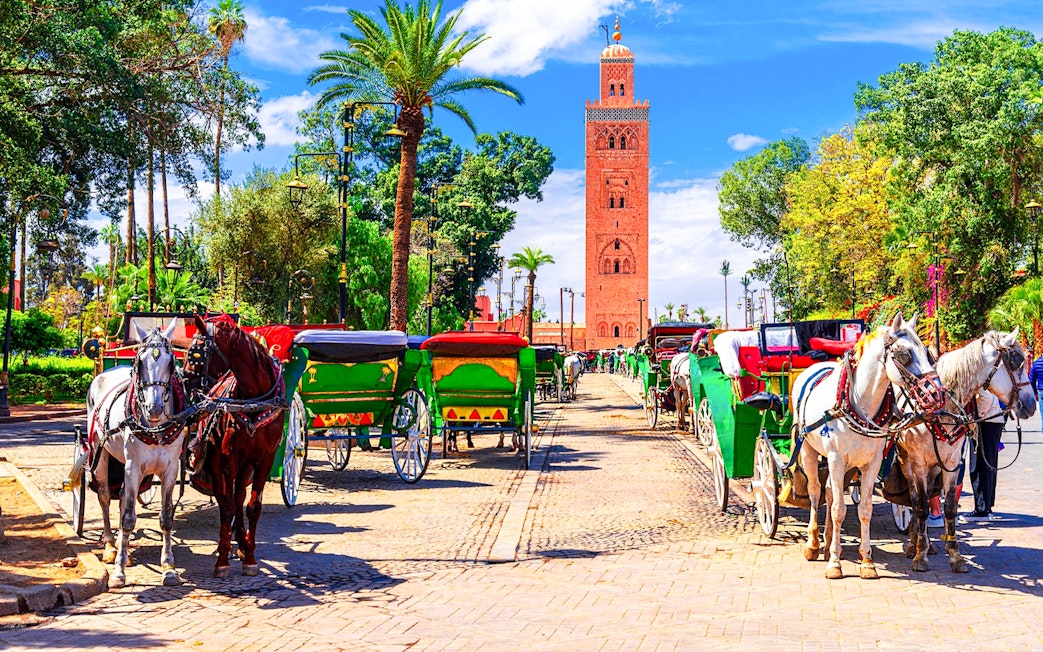 Horse-drawn carriages near Koutoubia Mosque in Marrakesh, Morocco.