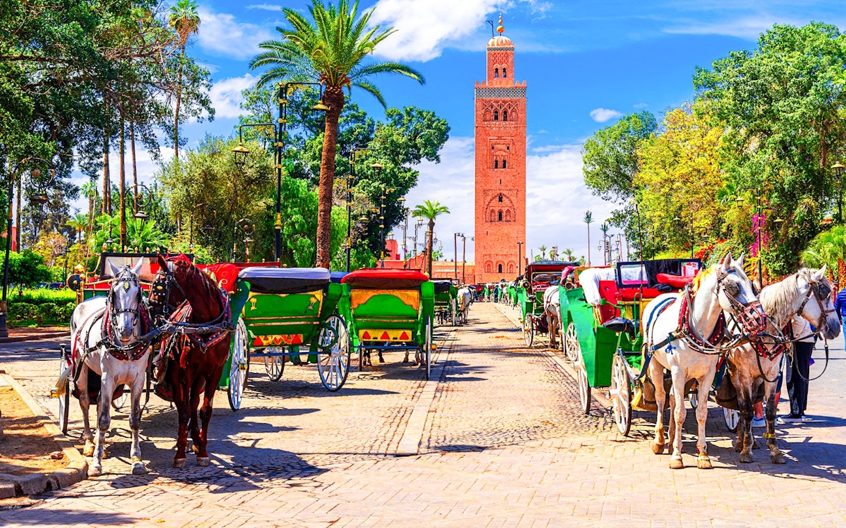 Horse-drawn carriages near Koutoubia Mosque in Marrakesh, Morocco.