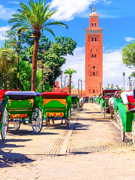 Horse-drawn carriages near Koutoubia Mosque in Marrakesh, Morocco.