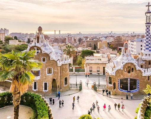 Casa Mila rooftop with chimneys, Barcelona, near Park Guell.