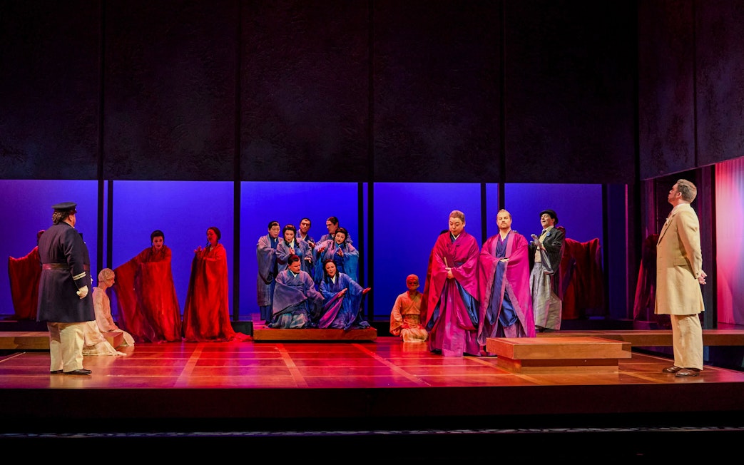 Stage performance of Madama Butterfly with cast in traditional costumes, Sydney.