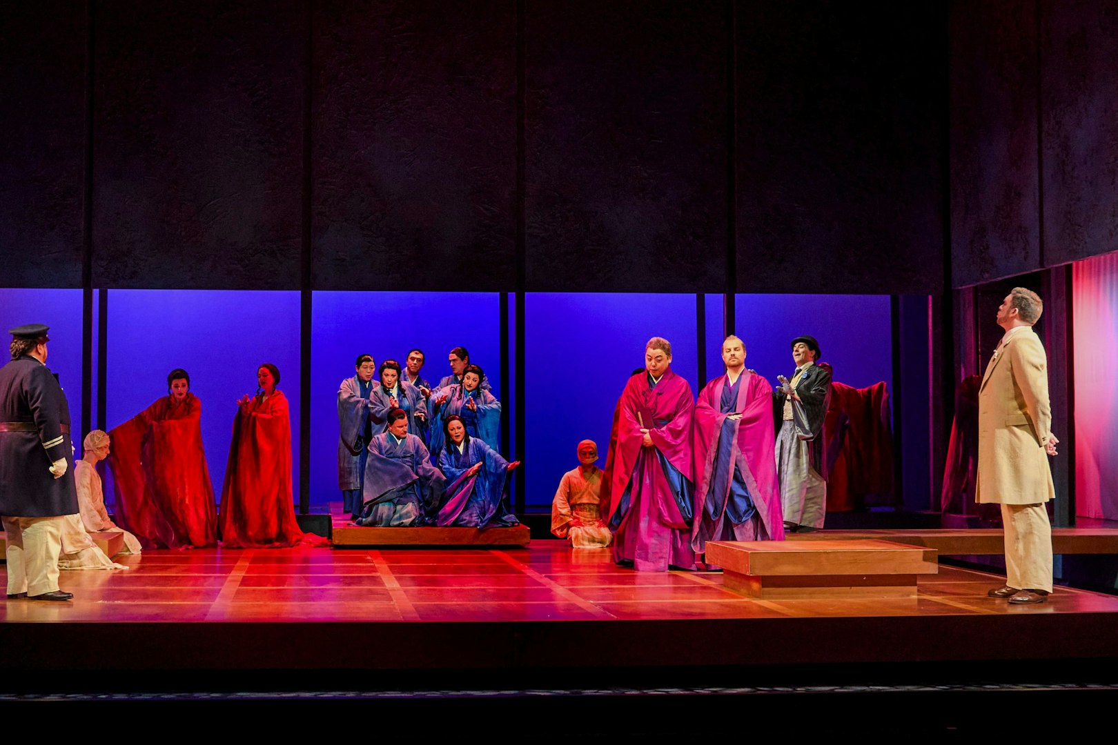 Stage performance of Madama Butterfly with cast in traditional costumes, Sydney.