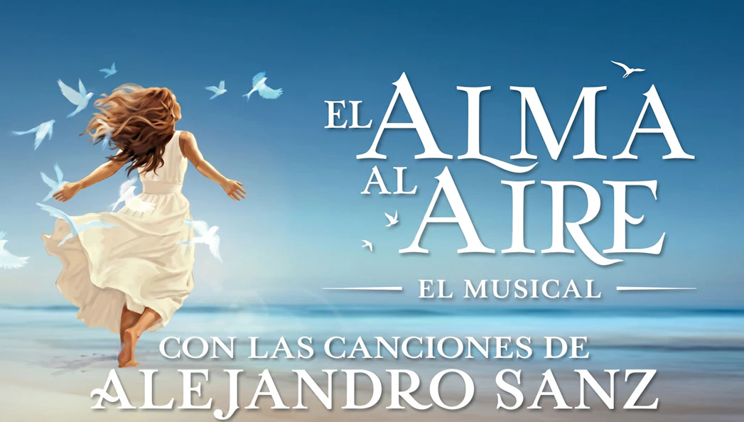 El Alma al Aire musical poster with woman on beach and flying birds.