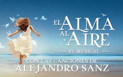 El Alma al Aire musical poster with woman on beach and flying birds.