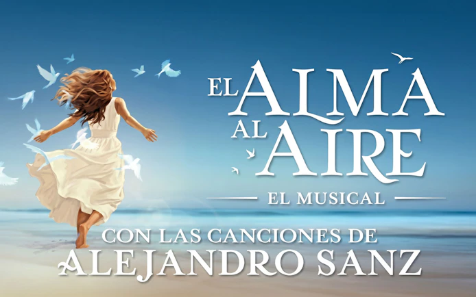 El Alma al Aire musical poster with woman on beach and flying birds.