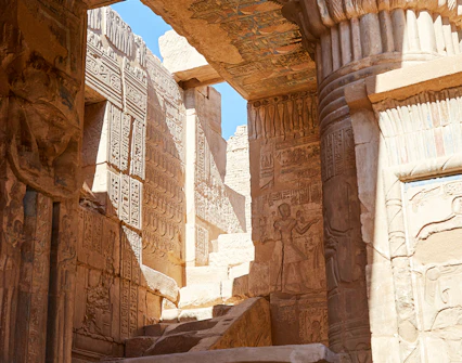 Ancient hieroglyphs and carvings inside the Temple of Deir el-Medina, Luxor's West Bank.