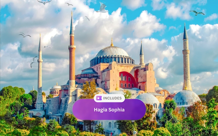 Hagia Sophia Museum with minarets in Eminonu, Istanbul, under a blue sky.