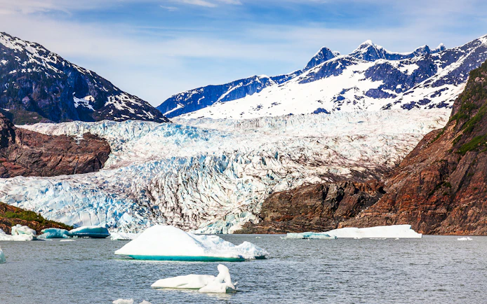 Mendenhall Glacier with icebergs in Juneau, Alaska.