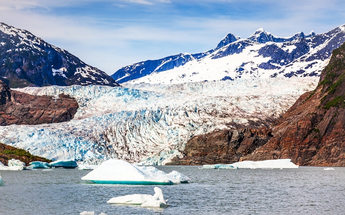 Mendenhall Glacier with icebergs in Juneau, Alaska.