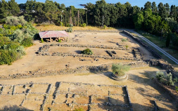 Ancient ruins at Archaeological Museum and Site of Naxos, surrounded by trees and coastline.