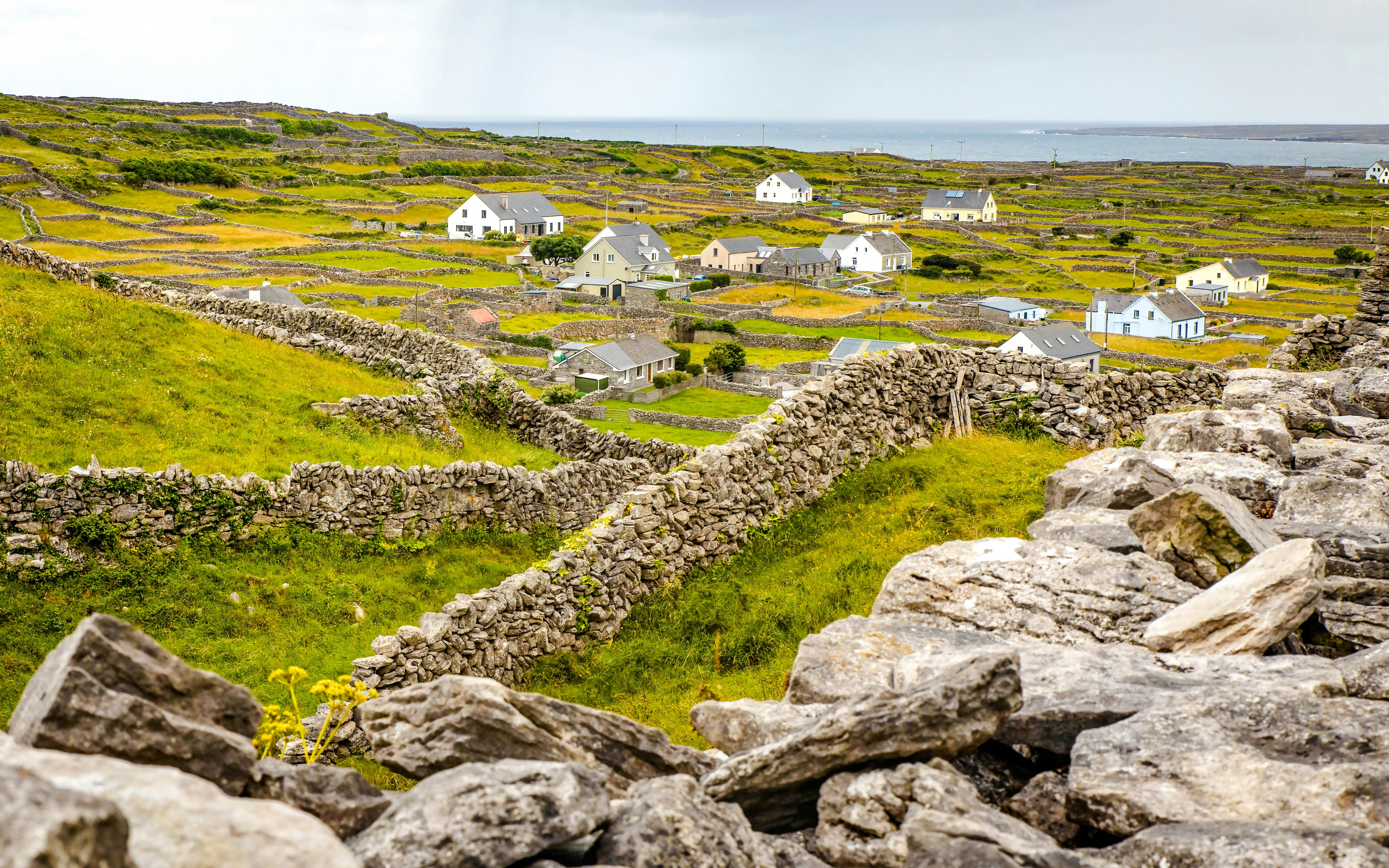 Aran Islands Inisheer landscape with stone walls and cottages in summer.