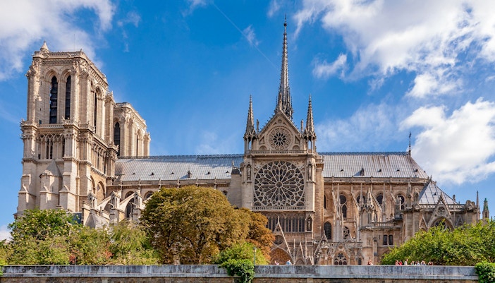 Notre Dame Cathedral exterior with crypt entry, Paris tour.