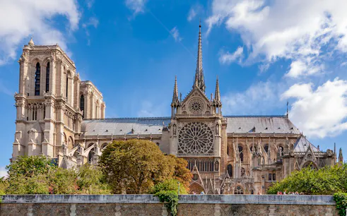 Notre Dame Cathedral exterior with crypt entry, Paris tour.