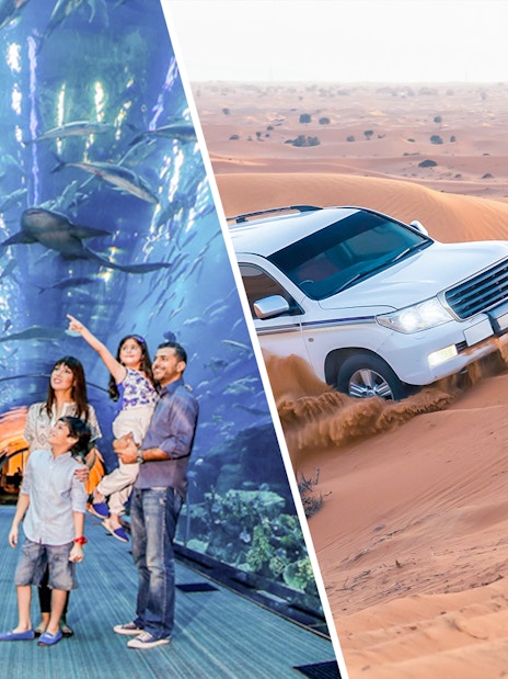 Family exploring Dubai Aquarium tunnel; SUV driving through Dubai desert dunes.