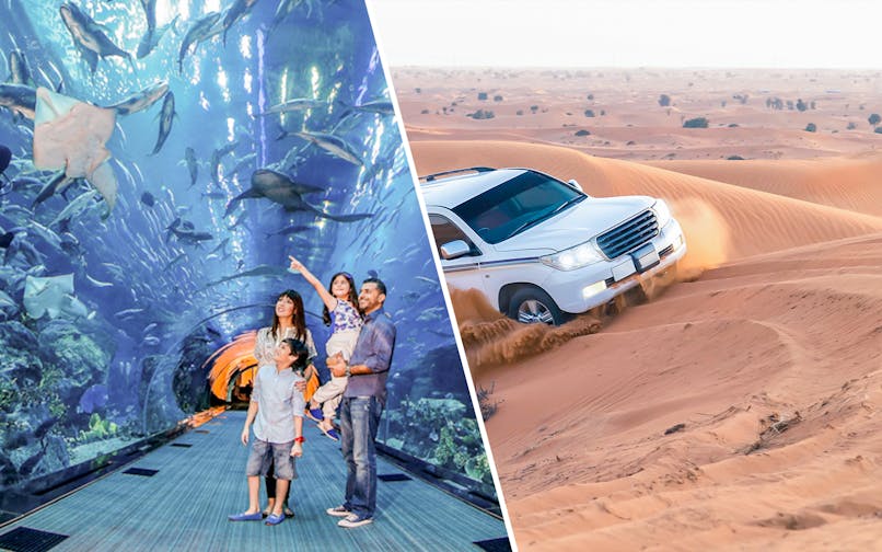 Family exploring Dubai Aquarium tunnel; SUV driving through Dubai desert dunes.
