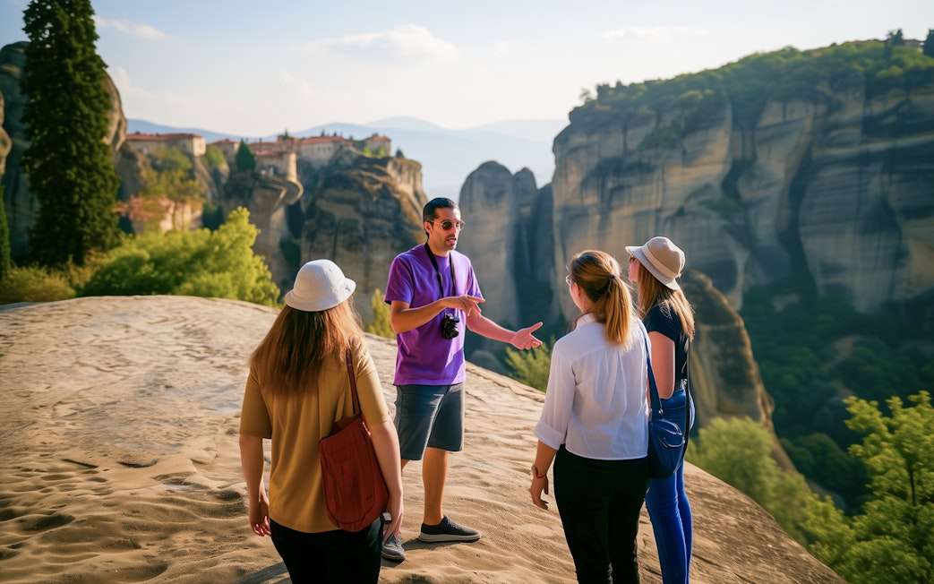Tour group with guide overlooking Meteora rock formations in Greece.