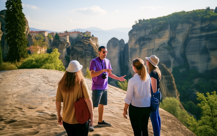 Tour group with guide overlooking Meteora rock formations in Greece.
