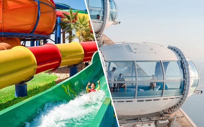 Ain Dubai pod with people enjoying the view, next to colorful water slides.
