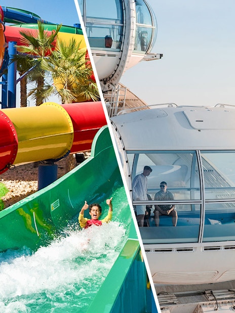 Ain Dubai pod with people enjoying the view, next to colorful water slides.