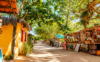 Market stalls under trees in Caraíva, Porto Seguro, Brazil.