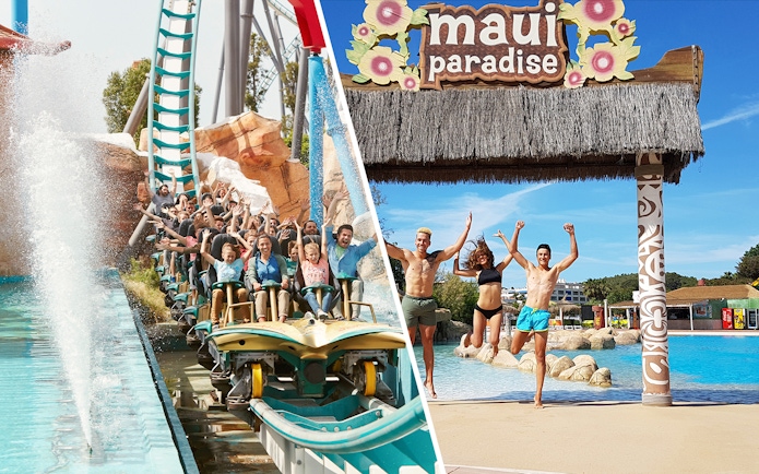 Visitors on a water ride and jumping by a pool at PortAventura Park, Barcelona.