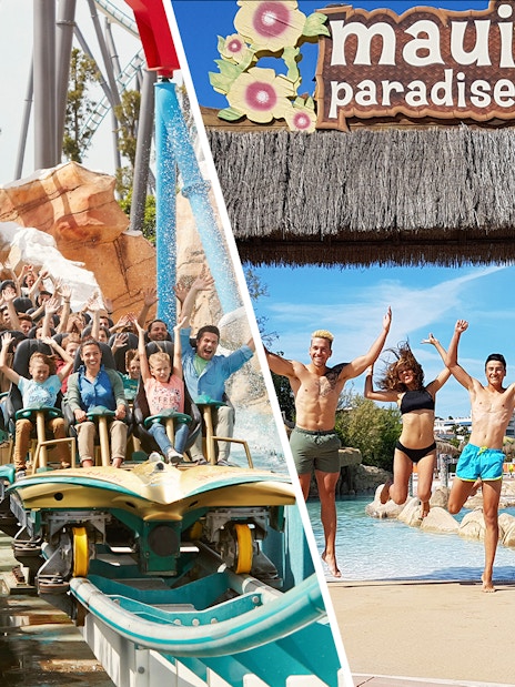 Visitors on a water ride and jumping by a pool at PortAventura Park, Barcelona.