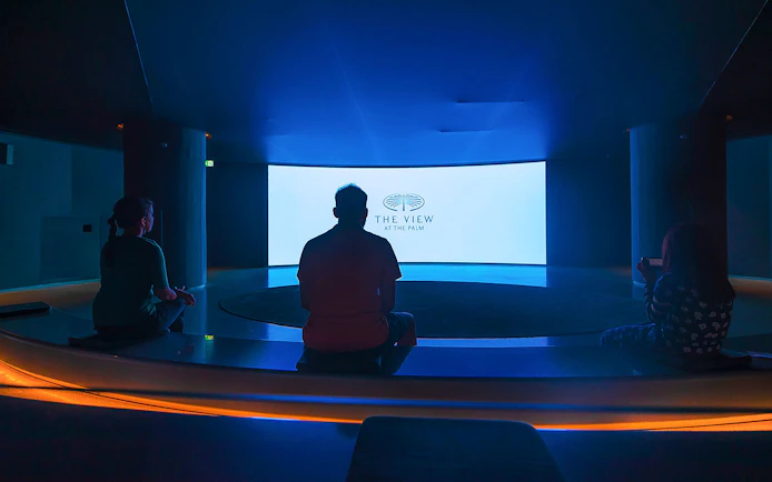 Visitors seated in a dark room facing a screen displaying "The View At The Palm" logo.