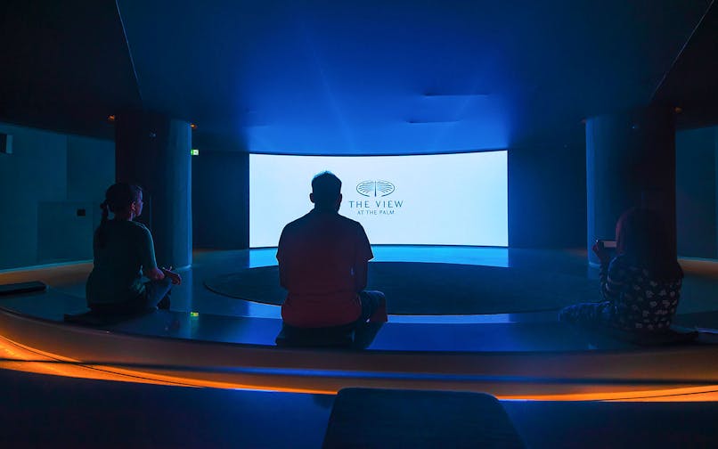 Visitors seated in a dark room facing a screen displaying "The View At The Palm" logo.