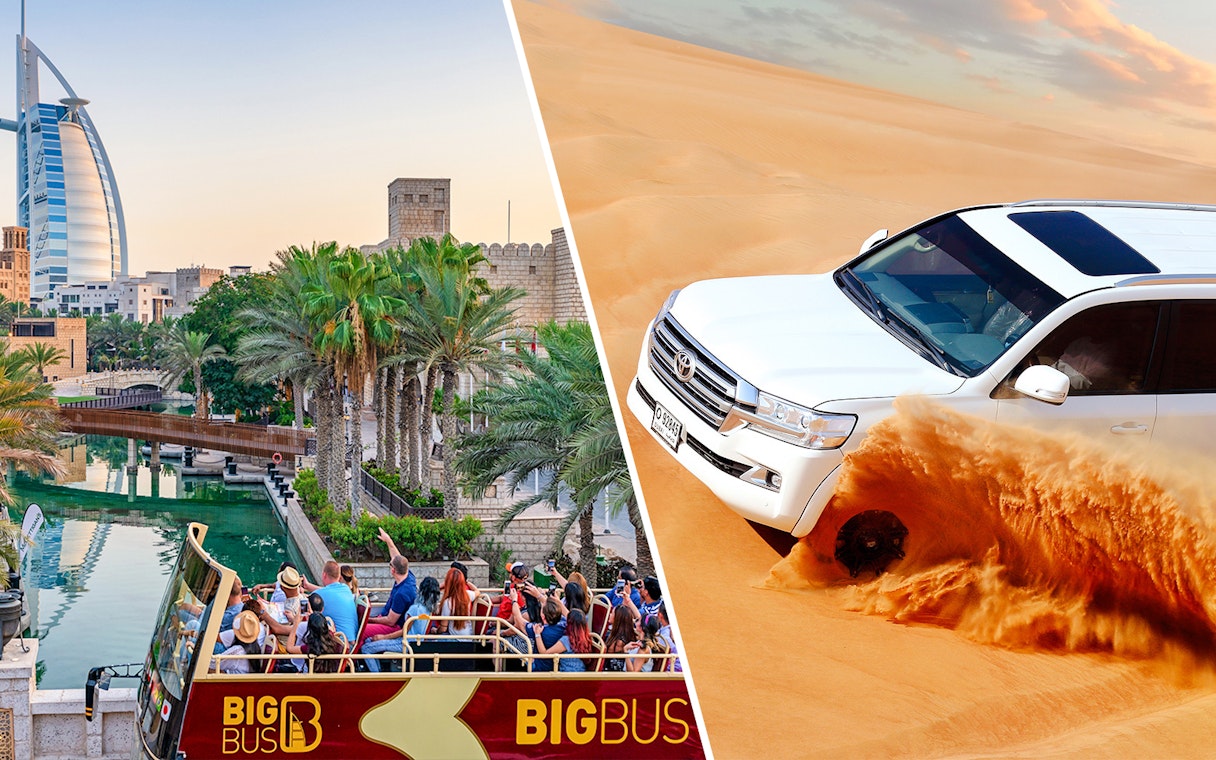 Big Bus tour in Dubai with Burj Al Arab view and SUV dune bashing in desert.