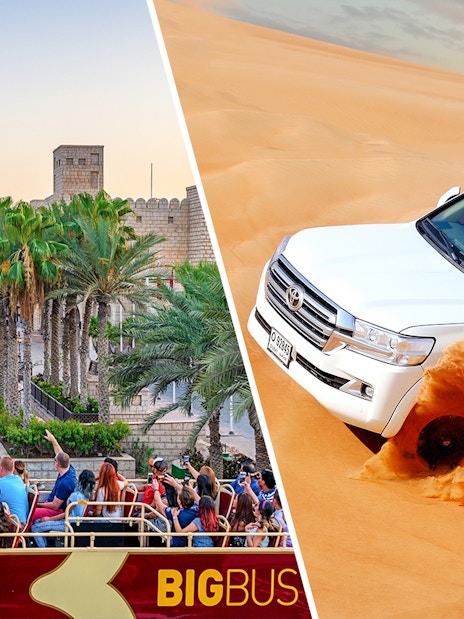 Big Bus tour in Dubai with Burj Al Arab view and SUV dune bashing in desert.