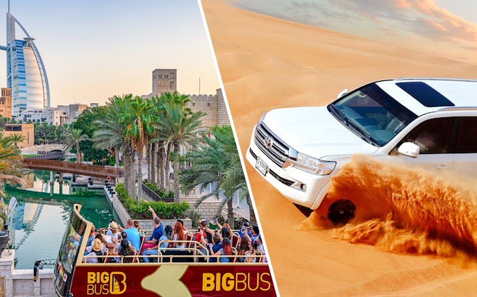 Big Bus tour in Dubai with Burj Al Arab view and SUV dune bashing in desert.